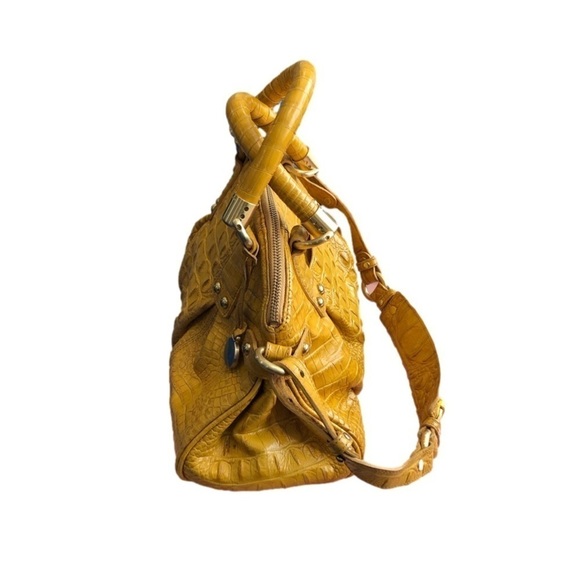 BRAHMIN golden yellow reptile textured leather two-way carry purse. Zip top - Picture 3 of 16
